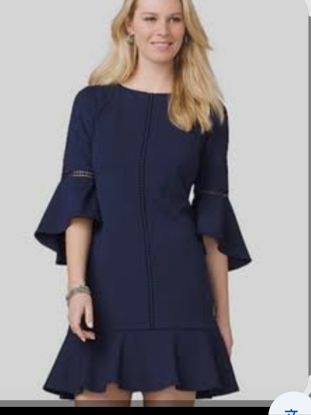 Roz & Ali Women’s Navy Ruffle Hem Dress with Bell Sleeves